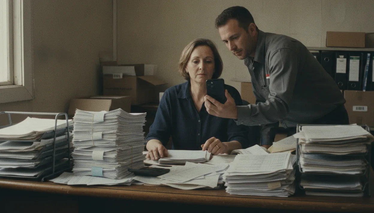 A billing administrator at a desk covered in stacks of paper delivery slips while a colleague beside her shows her something on a phone