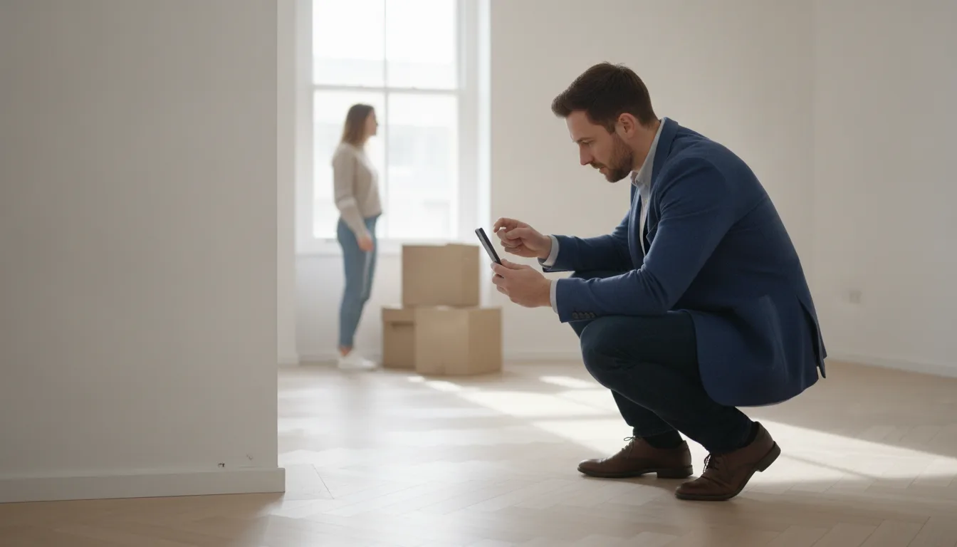 A letting agent photographing a wall of an empty apartment with a phone during a move-in inspection, the tenant waiting by the window